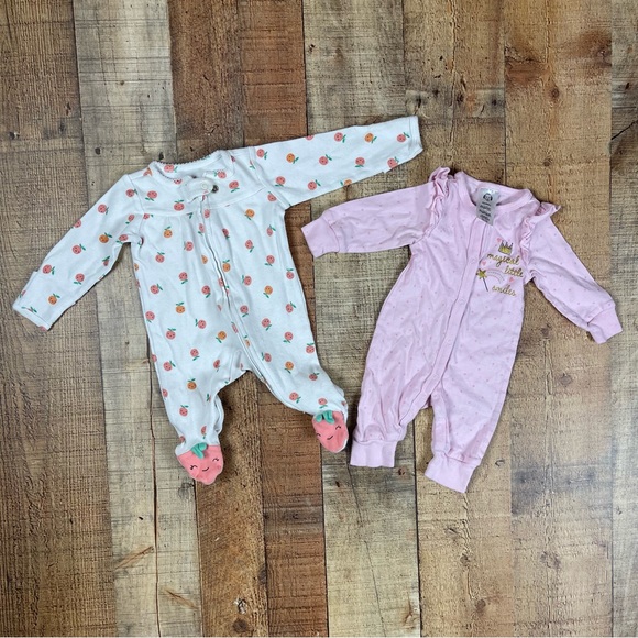 Newborn Zip Button Floral Peach Pastel Animal Bird Footie Bundle of 4 - Picture 4 of 11